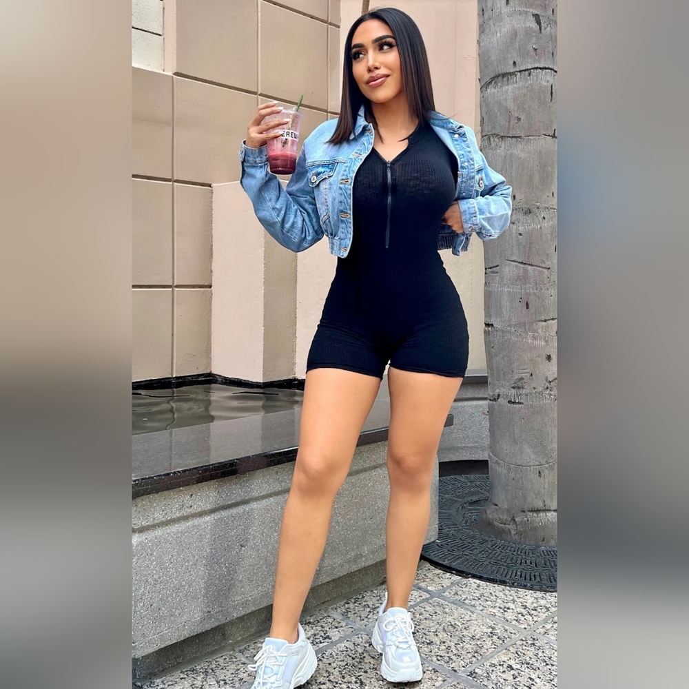 Black biker short romper. Medium.